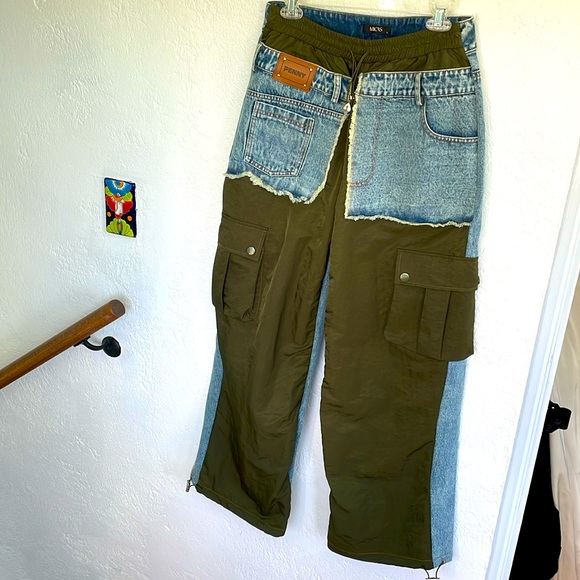 Micas NWT PENNY Cargo Pants with denim Patchwork Size L - Picture 2 of 5